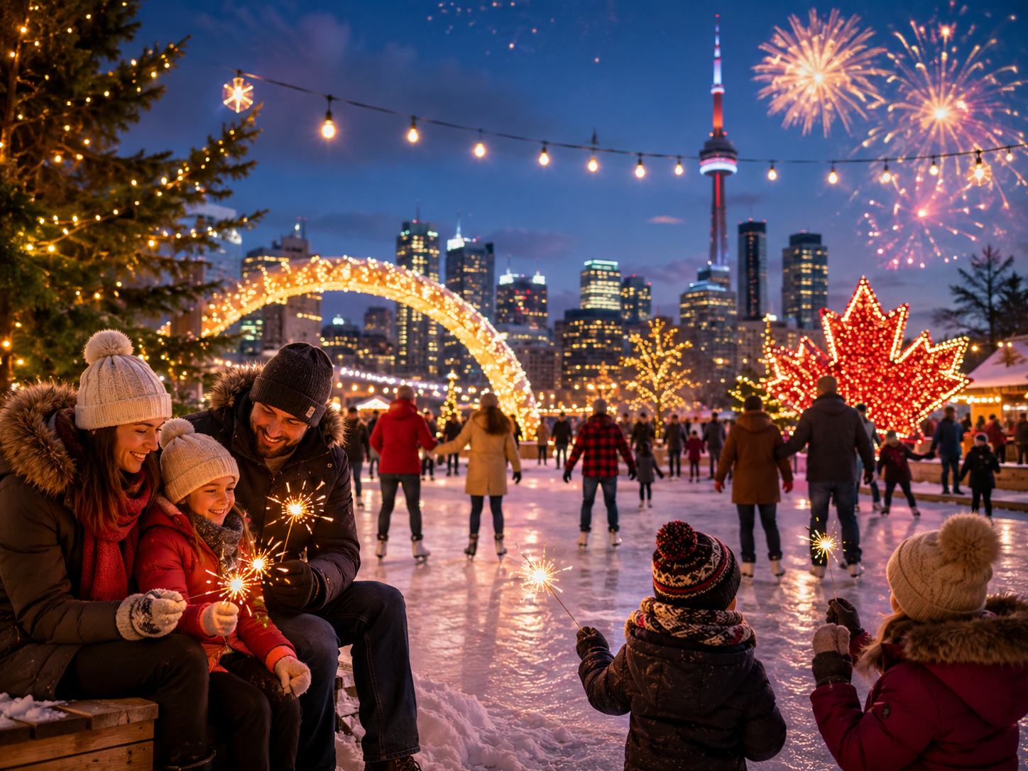 Family-friendly winter New Year celebration with lights and fireworks